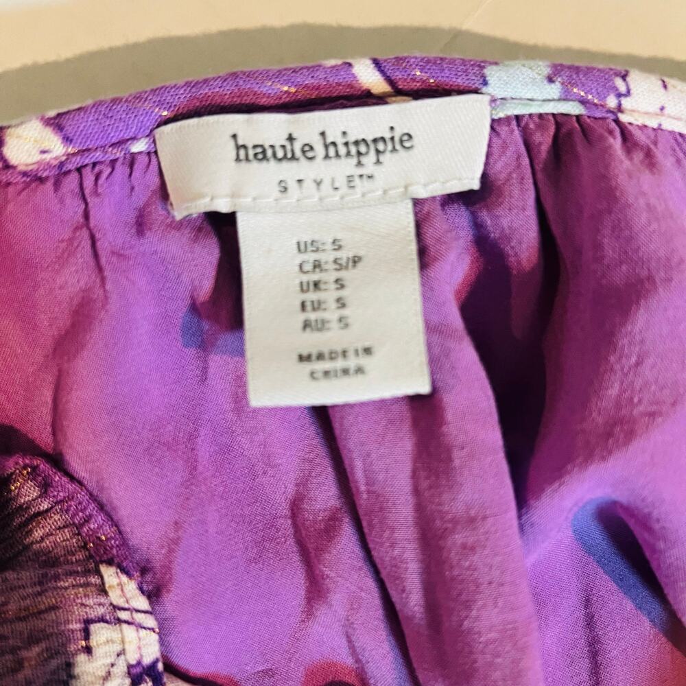 Haute Hippie Floral Long Sleeve Tie Neck Dress Size S Small Purple Multi - Picture 3 of 6